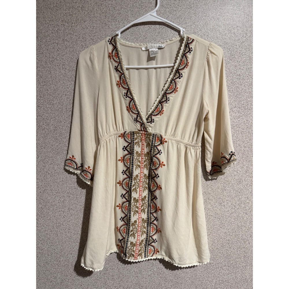 Ellison Cream Embroidered Boho V-Neck Empire Waist Tunic Top CD2276‎ Small